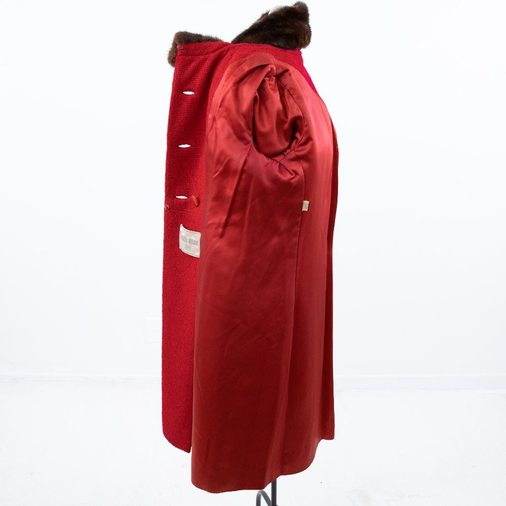 SOLD Vintage 50s M Mink Collar Princess Coat Midi Red - Picture 11 of 13